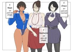 3girls bare_shoulders bare_thighs beauty_mark beauty_mark_under_mouth beauty_spot belt belt_buckle black_belt black_eyes black_eyes_female black_hair black_hair_female black_pantyhose blue_jacket blue_swimsuit blush bracelet breasts brown_hair brown_hair_female brunette_female busty busty_female character_profile character_sheet cleavage cleavage_cutout cleavage_window collar_shirt collared_shirt dark-skinned_female dark_skinned_female earring earrings female_teacher females girls grace_(puzenketsu) grinning grinning_at_viewer heavy_breasts highres holding_paper holding_whistle huge_breasts jewelry lanyard looking_at_viewer milf milfs multiple_girls namhorm_(puzenketsu) no_sex nodo office_lady_outfit older_female older_woman pale-skinned_female pale_skin pale_skinned_female pantyhose principal principal_and_teacher purple_suit puzenketsu red_skirt see-through_clothes see-through_shirt september september_(month) shirt short_hair short_hair_female skirt slight_blush slight_blushing smile smiling smiling_at_viewer suit swimming_suit swimsuit tan_lines tanlines teachers thai_female thighs track_jacket trio trio_female trio_focus twitter_link unzipped_jacket waan_(puzenketsu) whistle whistle_(object) whistle_around_neck white_background white_shirt white_trim