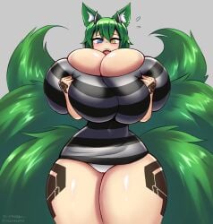 fox_ears fox_girl fox_tail green_hair mochifoxxo nine_tailed_fox