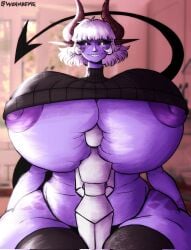 anon breasts demon_girl demon_tail female horns huge_breasts larger_female purple_skin size_difference woahbeme yiana