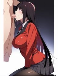 1boy 1girls ai_generated ass ass_focus back_view big_ass big_breasts black_hair blowjob blowjob_face breasts breasts_out cum cum_in_mouth cum_string cum_trail curvy curvy_body curvy_female dress female female_focus fringe fringe_hair huge_ass jabami_yumeko kakegurui legwear long_hair nipples pantyhose penis perfect_ass perfect_body perfect_legs pleasure_face red_eyes red_jacket school_uniform schoolgirl solo_female student thick_thighs