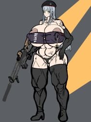 blue_hair breasts curvy female girls'_frontline green_eyes gun highres hk416_(girls'_frontline) holding holding_gun holding_weapon holy_light huge_breasts huge_nipples long_hair mature_female nazi profanity revealing_clothes weapon