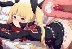 1boy 1girls ai_generated ass_up blazblue blonde_hair blush bunny_ears_headband cum_in_pussy long_hair rachel_alucard twintails vampire