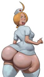 1girls big_ass blonde_hair blue_eyes bottom_heavy butt edit emily_hugaz female_only large_ass nurse open_mouth partially_clothed presenting_hindquarters rear_view shiin shiin_(edit) velvet_city_(shiin)