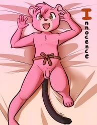 1boy 2025 arms_behind_back ballsack cub flaccid flaccid_penis furry green_eyes happy innocent legs_apart looking_at_another looking_up naked naked_male on_bed open_mouth pink_body shiny_eyes soft_balls tiny_penis