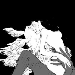 1futa 2010s androgynous angel black_background blush breasts closed_eyes devilman devilman_crybaby feathered_wings feathers futanari greyscale head_wings humanoid large_breasts large_wings long_hair monochrome nipples nude open_mouth ryo_asuka satan_(devilman) simple_background solo_focus tam villainess wings