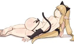 animal_ear_hairband animal_ears ass barefoot black_panties black_sleeves blonde_hair breasts cat_ear_hairband cat_ears cat_tail closed_mouth detached_sleeves elf fake_animal_ears fake_tail female from_behind hair_tubes hairband highres long_hair looking_at_viewer looking_back lying medium_breasts on_side panties pointy_ears sattinittas serie_(sousou_no_frieren) shiny_skin simple_background soles solo sousou_no_frieren string_panties tail tail_censor thong underwear very_long_hair white_background yellow_eyes