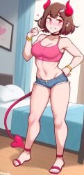 ai_generated aianonguy bedroom brown_hair demon dross_(style) female jewelry oc painted_nails red_eyes sandals self_upload short_shorts shorts solo solo_female stable_diffusion succubus