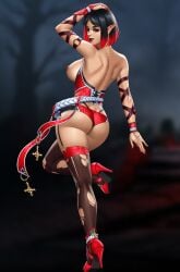 big_ass big_breasts black_hair black_lipstick boobs_out celeste(idle_lust) demon demon_girl demoness game_screenshot idle_lust nutaku pentagram red_clothing red_eyes red_hair red_nails succubus tagme