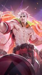 1boy abs ai_edit ai_enhanced ai_generated drums fredrinn_(mobile_legends) half-dressed half_naked male male_focus male_only mlbb mobile_legends mobile_legends:_bang_bang muscle muscles muscular muscular_male open_jacket pink_highlights playing_music safe safe_for_work shirtless_male upscaled