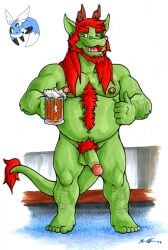 2018 alcohol anthro arm_hair balls beard beer beer_mug belly beverage biceps body_hair chest_hair dragon ear_piercing facial_hair feet forearm_hair forearms foxfurries genitals gesture grin hair hairy hand_gesture happy_trail hi_res leg_hair looking_at_viewer male manly mature_male musclegut muscular mythological_creature mythological_scalie mythology navel nipples nude pecs penis piercing pubes red_hair sabbath scalie simple_background slightly_chubby smile solo standing thumbs_up triceps white_background