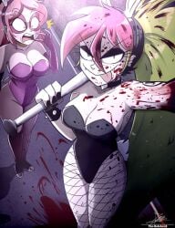 2025 2girls after_murder artist_signature baseball_bat big_breasts black_bunnysuit black_clothing black_leotard blood bloody_clothes bunny_ears bunnysuit cartoon_network crazy_eyes crazy_girl crazy_smile demencia_(villainous) deviantart deviantart_link evil_smile female_only fishnets holding_baseball_bat looking_at_viewer miss_heed_(villainous) murder open_mouth pink_body pink_bunnysuit pink_clothing pink_eyes pink_hair pink_leotard red_hair scared shocked shocked_expression the-butch-x the_butcher_(artist) villainous