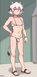 ai_generated aianonguy brown_eyes cow_bikini cow_boy cow_ears cow_print dross_(style) femboy horns hucow oc sandals self_upload solo solo_male stable_diffusion tail white_hair