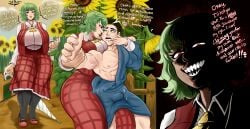 1boy abs angry big_dom_small_sub bottom_heavy caught devais dominant_female english_text female garden green_hair huge_ass huge_breasts imminent_rape menacing muscular_female muscular_male original_character red_eyes restrained ripped_clothing seductive_body seductive_gaze sharp_teeth short_hair taller_girl text touhou yokai yuuka_kazami