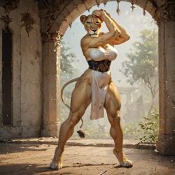 ai_generated anthro big_breasts brown_fur cat_eyes confident feline furry gynomorph/female huge_breasts lion lioness muscular muscular_anthro power_pose standing strong strong_woman tiddies white_dress yellow_eyes