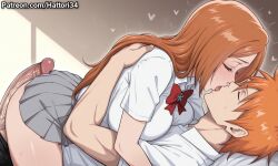 1boy 1girls 2026 ai_generated big_breasts big_penis bleach closed_eyes cowgirl_position female female_on_top grabbing hattori34 inoue_orihime kissing penis_in_ass school_uniform schoolgirl tongue tongue_kiss