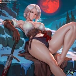 ai_generated blood breasts cameltoe ciri clothing female green_eyes hloveoriginal light-skinned_female looking_at_viewer mascara nipples_visible_through_clothing panties solo spread_legs sword the_witcher_(series) the_witcher_3:_wild_hunt white_hair