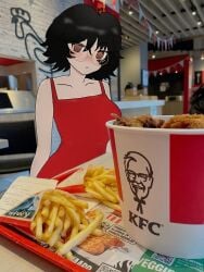 1girls black_hair blush bonnie-tan_(showa) brown_eyes chicken dress female fries glasses kfc large_breasts light-skinned_female looking_at_viewer messy_hair original original_character public red_dress restaurant showa sitting solo solo_female table