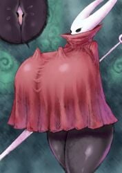 2b-ge 2b213 anthro arthropod between_breasts big_breasts black_body black_legs blush breasts clothing curvy_figure dress duo eyelashes female glistening glistening_body green_background hi_res hidden_sex highres hollow_knight hornet_(hollow_knight) huge_breasts hyper hyper_breasts incest_(lore) inside_clothing male male/female melee_weapon red_clothing red_dress sharing_clothing simple_background squished squished_between_breasts standing steam sword sword_on_back team_cherry the_knight_(hollow_knight) thick_thighs voluptuous weapon white_head wide_hips