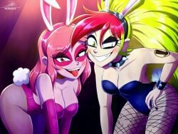 big_breasts blue_bunny_ears blue_bunnysuit bunny_ears bunnysuit cartoon_network demencia_(villainous) green_hair miss_heed_(villainous) pink_body pink_eyes pink_hair smile smiling tattoo the_butcher_(artist) tights villainous