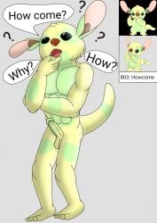 abs alien anthro bicolored_fur confusion dialogue disney english_description english_text erection experiment_(lilo_and_stitch) green_eyes grey_background hi_res howcome_(sketch-lampoon) interrogation lenderednel lilo_and_stitch male muscular nude_anthro portuguese_description question_mark scientific_experiment simple_background solo text yellow_body