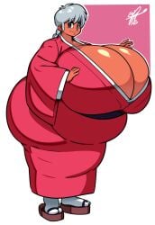 1girls aged_up bbw belly big_ass big_belly blue_eyes braided_hair braided_ponytail breasts breasts_bigger_than_ass breasts_bigger_than_torso cleavage codenamebull enormous_breasts fat_ass fat_belly female fully_clothed fully_clothed_female gilf grandmother grey_hair hi_res highres huge_ass huge_breasts kimono large_ass looking_at_viewer massive_breasts old_woman overweight overweight_female ranma-chan ranma_1/2 ranma_saotome sandals simple_background solo solo_female tan_skin white_background white_hair wrinkles