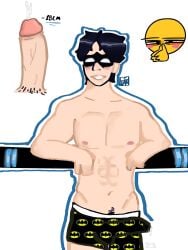 1boy abs black_hair cum dc dc_comics dick_grayson human light-skinned_male light_skin male male_focus male_only muscular muscular_male nightwing penis precum_through_clothing shirtless shirtless_male solo solo_focus underwear