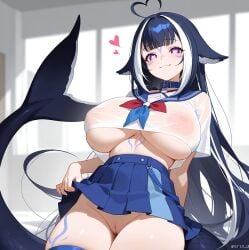 ai_generated areolae bare_thighs blue_hair breasts_out gigantic_breasts heart-shaped_pupils huge_breasts huge_thighs light-skinned_female light_skin long_hair looking_at_viewer massive_breasts multicolored_hair nanam_kakama nipples no_panties pink_eyes puffy_nipples sailor_uniform shylily smiling solo_female squatting sweat sweatdrop thick_body thick_female thick_thighs thighs twitch upskirt voluptuous voluptuous_female whale_girl whale_tail