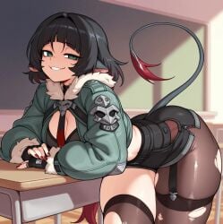 ai_generated bare_thighs black_hair gigantic_breasts green_eyes huge_breasts huge_thighs jane_doe_(zenless_zone_zero) light-skinned_female light_skin looking_at_viewer massive_breasts nanam_kakama rat_ears rat_girl rat_tail school_background short_hair smiling solo_female squatting stockings sweat sweatdrop thick_body thick_female thick_thighs thighs thighs_bigger_than_head voluptuous voluptuous_female zenless_zone_zero