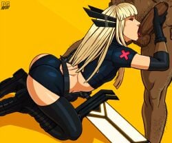 2d 2d_(artwork) big_penis blonde_hair bubble_butt clothed_female color dark-skinned_male dark_skin illustration imminent_sex light_skin light_skinned_female magik_(illyana_rasputin) magik_(marvel_rivals) marvel marvel_comics muscular_male nude_male on_knees oral pumpkinsinclair superhero superheroine sword