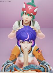 1boy 2girls 3d asian asian_female assisted_fellatio blizzard_entertainment blue_hair breasts cum cum_in_mouth erection fellatio female ffm_threesome green_hair juno_(overwatch) kiriko_(overwatch) lexy_3d male nipples oral oral_sex overwatch penis threesome