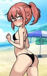 alternate_version_available beach big_ass bikini black_bikini brown_eyes embarrassed embarrassed_expression flat_chest glasses horse_tail kobayashi kobayashi-san_chi_no_maidragon looking_at_viewer looking_back looking_back_at_viewer miss_kobayashi's_dragon_maid presenting presenting_ass presenting_butt red_hair small_breasts