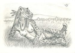 anthro arcr-cric breasts feathers feline female fur grass jaguar jewelry mammal monochrome navel necklace nipples nude outside pussy reclining solo spots spotted_fur tree