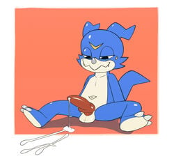 after_orgasm anonanim anthro blue_skin claws cum digimon erection fangs half-closed_eyes knot male male_only navel orange_background simple_background sitting smile solo toony veemon young