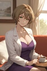 ai_generated bedroom_eyes brown_hair cleavage gracia_hughes green_eyes looking_at_viewer seductive short_hair