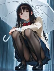 1girls ai_generated black_hair holding_object looking_at_viewer panties pantyhose squatting umbrella