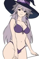 1girls breasts cleavage herta_(honkai:_star_rail) honkai:_star_rail jujunergy large_breasts lingerie navel purple_eyes purple_hair tagme witch_hat