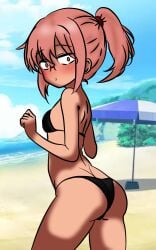 alternate_version_available beach big_ass bikini black_bikini brown_eyes embarrassed embarrassed_expression flat_chest glasses horse_tail kobayashi kobayashi-san_chi_no_maidragon looking_at_viewer looking_back looking_back_at_viewer miss_kobayashi's_dragon_maid presenting presenting_ass presenting_butt red_hair small_breasts tanned tanned_body tanned_female tanned_girl tanned_skin