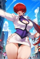 2d ai_generated big_breasts cleavage cleavage_cutout female female_focus female_only hair_covering_eye king_of_fighters outdoors red_hair shermie_(kof) skirt solo solo_female solo_focus tagme