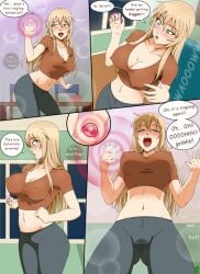 aroused blonde_hair blush breast_expansion comic female green_eyes huge_breasts page_2 ring sequence shirt stormfeder transformation wet_pussy yoga_pants