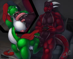 anthro balls big_balls big_penis black_hair blue_eyes breasts clothing cum desire_yoshi dinosaur dragon duo erection female gaming green_yoshi hair kiba_insugia long_tongue looking_at_viewer male mario_(series) multicolored_hair muscular nintendo nipples nude obaum oral penis red_hair sex tongue tongue_out tonguejob video_games yoshi