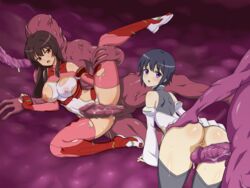 2girls an-bl anus black_hair black_legwear blush breasts brown_eyes brown_hair large_breasts miyama_tsubame monster multiple_girls no_panties open_mouth pink_legwear purple_eyes school_girl_strikers short_hair skirt spread_legs sumihara_satoka thighhighs torn_clothes upskirt yellow_eyes