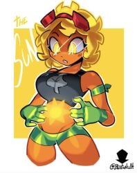 1girls 2024 bastion_wh big_breasts black_topwear blush booty_shorts crop_top digital_art flora_fauna glowing_eyes goggles goggles_on_head golden_eyes golden_hair non-mammal_breasts orange_skin plant_girl plants_vs_zombies plants_vs_zombies:_heroes red_goggles solar_flare_(pvz) sunflower_(pvz) yellow_eyes yellow_hair