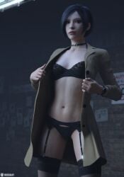 3d 3d_model 3d_render ada_wong ada_wong_(adriana) artist_logo asian asian_female black_bra black_hair black_panties bra brown_eyes choker fit_female garter_belt garter_straps highres lace-trimmed_thighhighs lingerie lingerie_only lingerie_under_clothes looking_at_viewer missally open_coat panties patreon_logo patreon_username posing posing_for_the_viewer resident_evil resident_evil_4 resident_evil_4_remake short_hair stockings teasing teasing_viewer trenchcoat watch