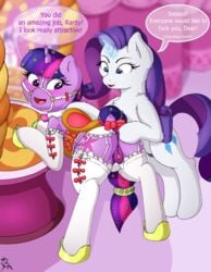 2018 animal_genitalia ass blue_eyes bow bridle clothed clothing cutie_mark digital_media_(artwork) duo equine female feral friendship_is_magic fur h3nger hair horn horse mammal multicolored_hair my_little_pony open_mouth pony purple_eyes purple_hair pussy rarity_(mlp) saddle tongue twilight_sparkle_(mlp) unicorn