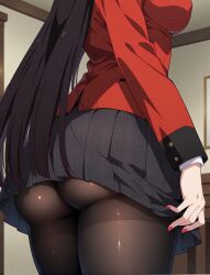 ai_generated ass ass_focus back_view big_ass black_hair curvy curvy_body curvy_female huge_ass jabami_yumeko kakegurui legwear long_hair pantyhose perfect_ass perfect_body perfect_legs red_jacket school_uniform skirt student thick_thighs