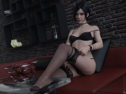 3d 3d_model 3d_render ada_wong ada_wong_(adriana) apple artist_logo asian asian_female black_hair bra bracelet brown_eyes choker couch fit_female foot_on_table fruit_basket highres lace-trimmed_thighhighs lingerie lingerie_only living_room looking_at_viewer missally panties patreon_logo patreon_username posing posing_for_the_viewer resident_evil resident_evil_4 resident_evil_4_remake short_hair sitting_on_couch stockings tugging_clothing watch