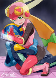 1boy blonde_hair blue_bodysuit blush bodysuit boots chicago-x closed_eyes clothed_sex cowgirl_position cum cum_in_pussy female gloves green_eyes helmet holographic_interface long_hair mega_man mega_man_battle_network megaman.exe pink_bodysuit roll.exe sex signature smile straddling straight sweat thighhighs tile_floor tiles trembling upright_straddle very_long_hair