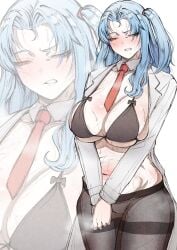 1girls angela_(lobotomy_corporation) big_breasts blue_hair blush bra closed_eyes disgusted lobotomy_corporation long_hair looking_at_viewer nb8c open_mouth partially_clothed project_moon solo standing stockings sweat thick_thighs tie