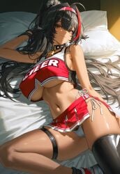 1girls 2025 ai_generated alternate_version_available bay_(nikke) big_breasts black_hair breasts cheerleader cheerleader_outfit cheerleader_uniform civitai collar dark-skinned_female dark_hair dark_skin djinklesmorf female goddess_of_victory:_nikke legwear ponytail solo stockings thighs