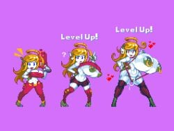 1girls anonsprite big_breasts bimbofication blonde_hair blue_eyes breast_expansion cave_story crop_top curly_brace huge_breasts large_breasts leaking_precum narrow_waist nipple_piercing pixel_(artwork) pixel_art red_eyes ring_piercing robot_girl transformation_sequence underboob wide_hips